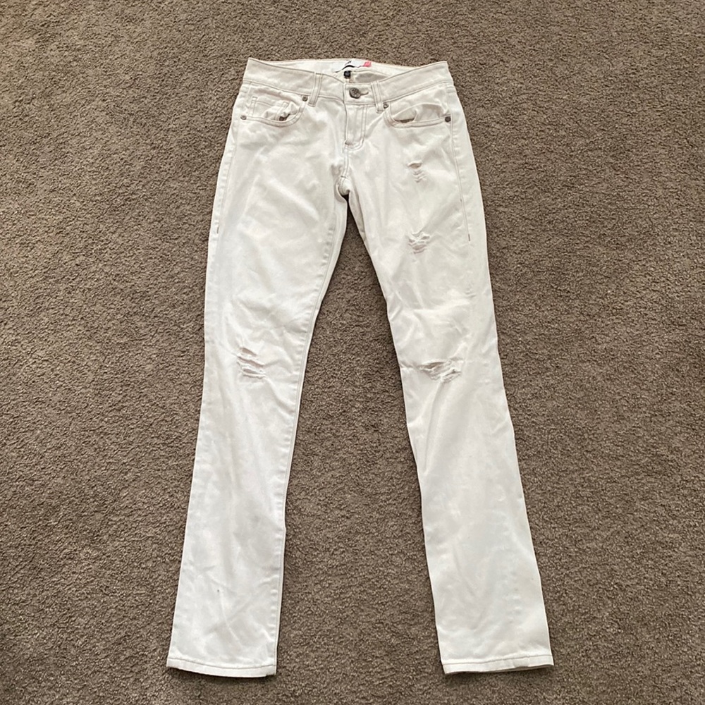 CAbi High Slim White Distressed Jean Size 0